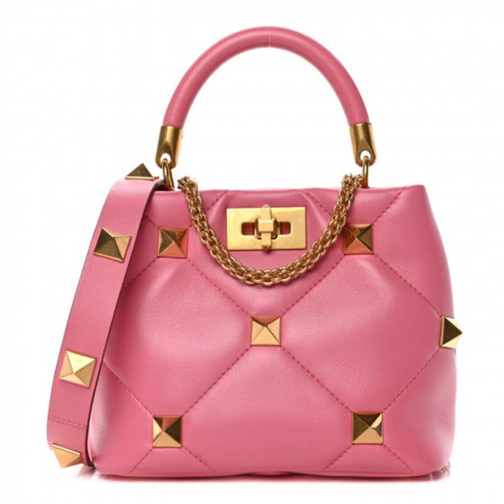 VALENTINO GARAVANI NAPPA SMALL ROMAN STUD THE HANDLE BAG FLAMINGO PINK